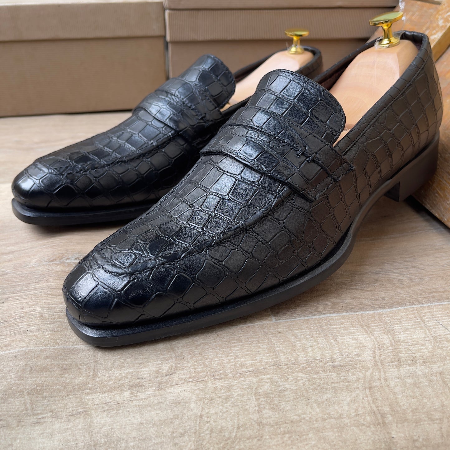 Mocassin Croco Cuir Noir FL— Semelle Cuir