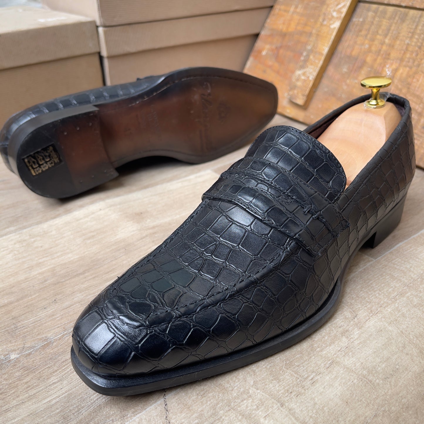 Mocassin Croco Cuir Noir FL— Semelle Cuir