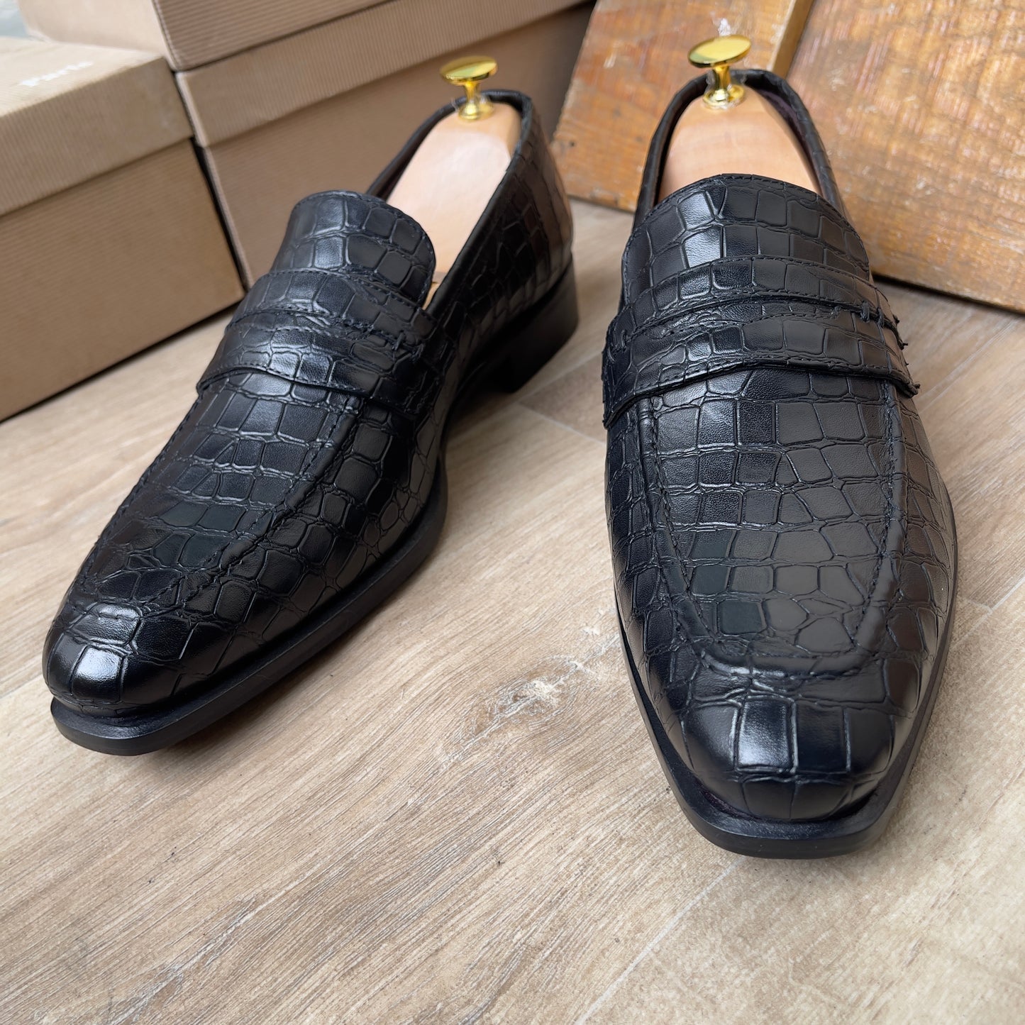 Mocassin Croco Cuir Noir FL— Semelle Cuir