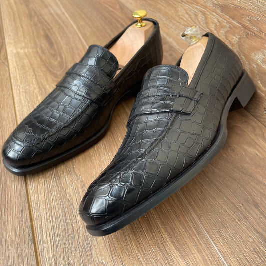 Mocassin Croco Cuir Noir — Semelle Cuir