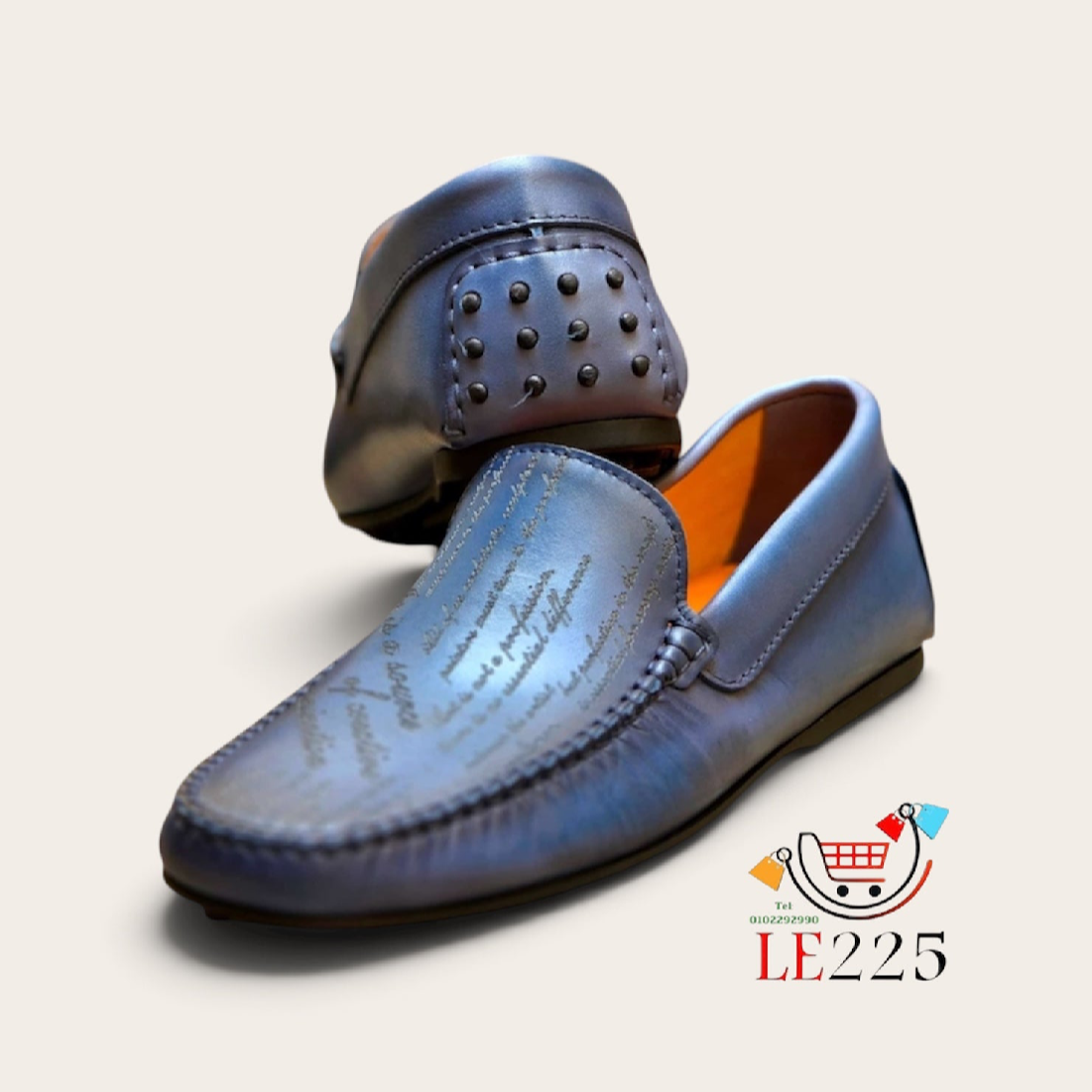 Mocassin bleu en cuir imprimé semelle gomme—Ref DM9