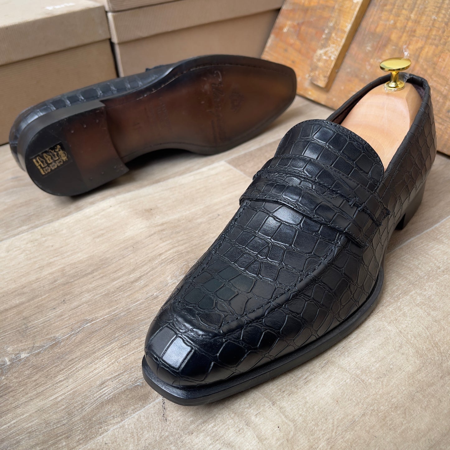 Mocassin Croco Cuir Noir FL— Semelle Cuir
