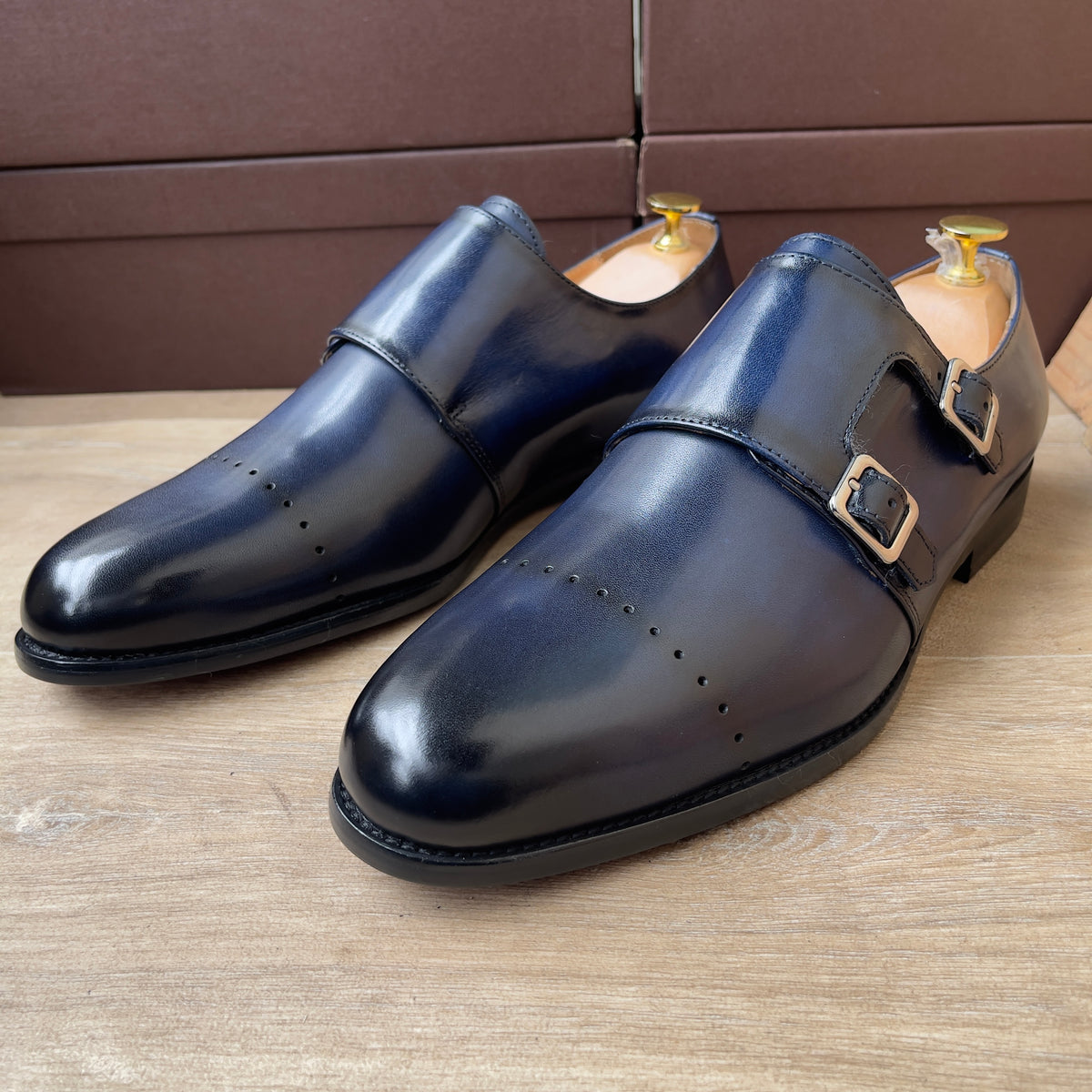 Soulier biboucle bleu en cuir Ref-Ad16