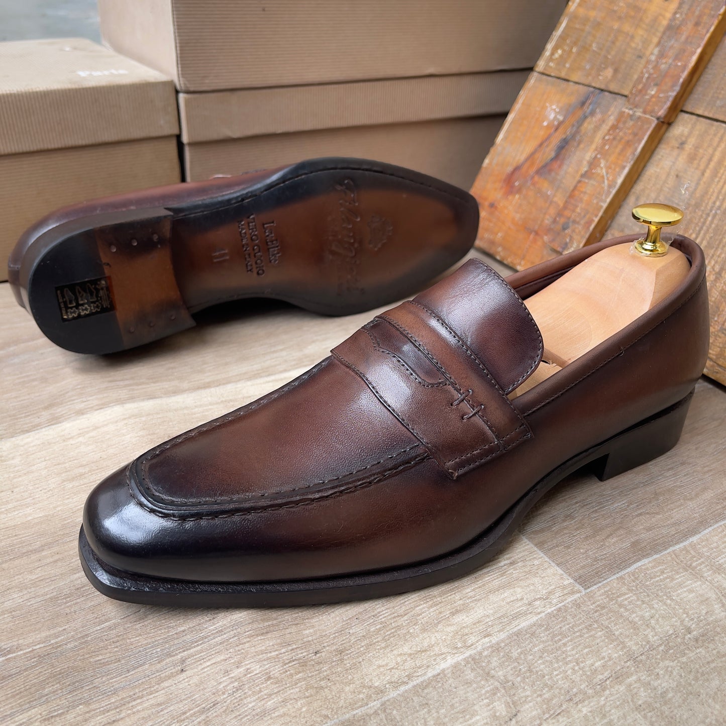 Mocassin Cuir Marron FL— Semelle Cuir