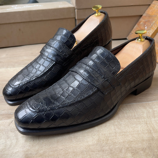 Mocassin Croco Cuir Noir FL— Semelle Cuir