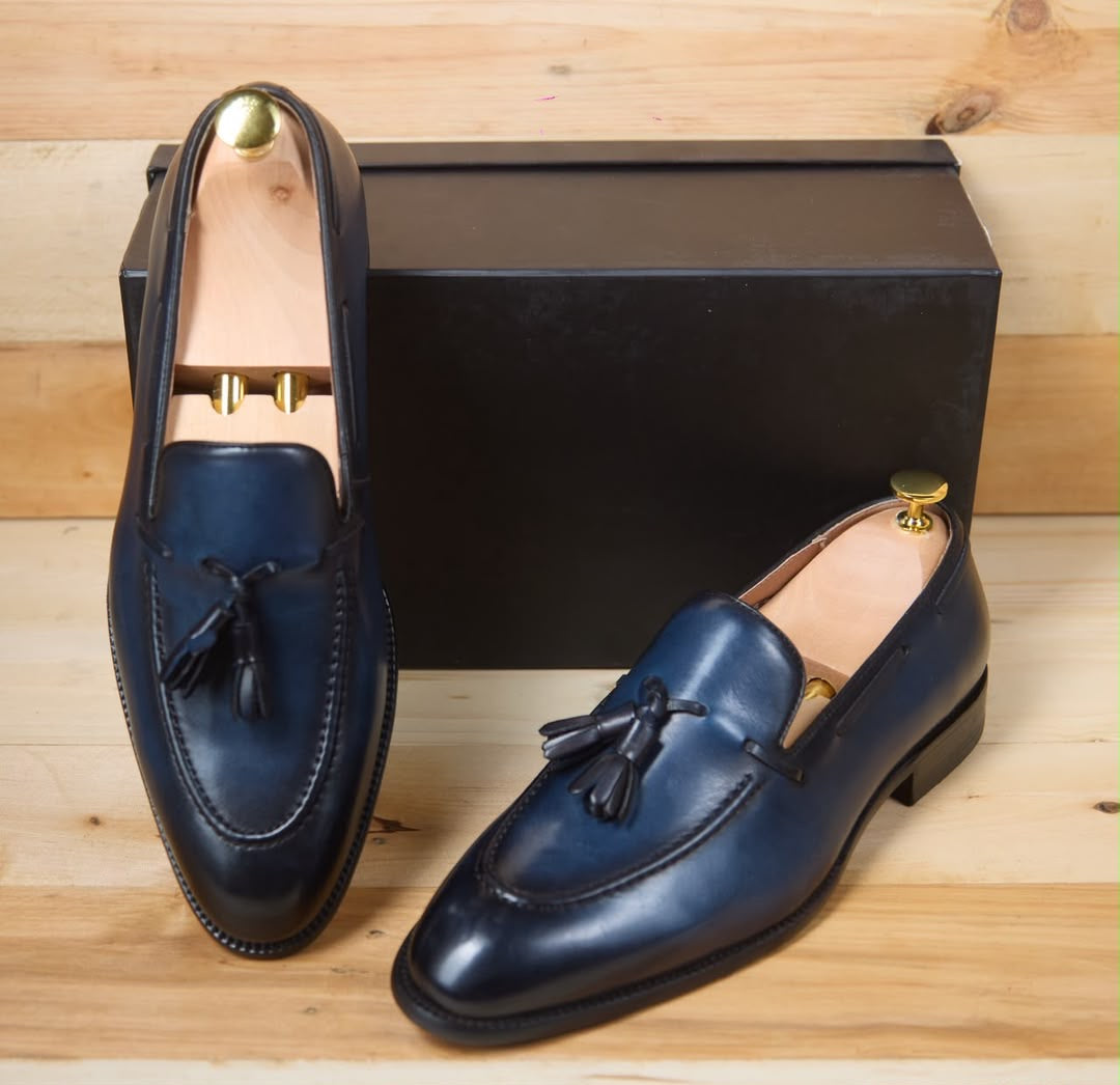 Mocassin a pampille en cuir Marron,Bleu,Noir—KS2