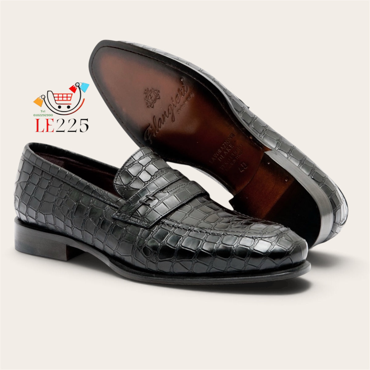Mocassin en cuir croco noir semelle cuir—Ref DM5