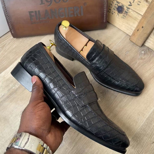 Mocassin en cuir croco noir semelle cuir—Ref DM5